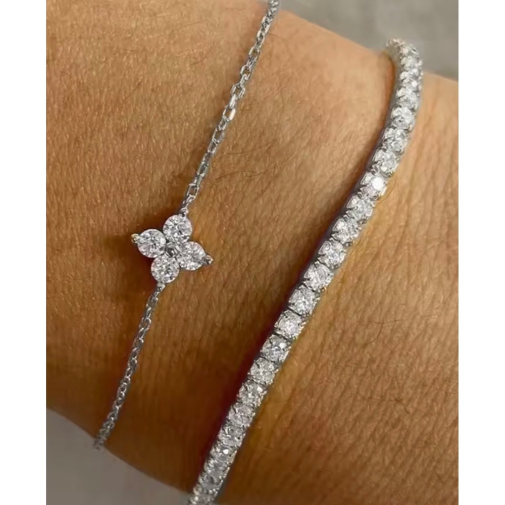 Silver Tone CZ Flower Charm Chain and Tennis Bracelet Set for Women 2 Piece
